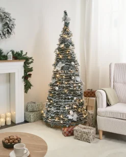 New Beliani Albero natalizio innevato Pieghevole LED FIRVANA 185 cm Bianco Bianco Argento Verde