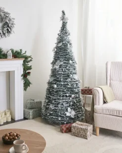 New Beliani Albero natalizio innevato Pieghevole LED FIRVANA 185 cm Bianco Bianco Argento Verde