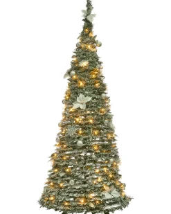 New Beliani Albero natalizio innevato Pieghevole LED FIRVANA 185 cm Bianco Bianco Argento Verde