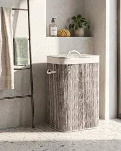 Clearance Beliani Cesto per la biancheria Con coperchio TRANCURA Tessuto Grigio 72 L Bianco Grigio