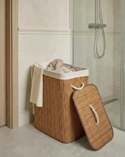 New Beliani Cesto per la biancheria Con coperchio TRANCURA Tessuto Marrone 72 L Bianco Marrone