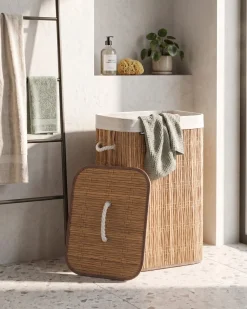New Beliani Cesto per la biancheria Con coperchio TRANCURA Tessuto Marrone 72 L Bianco Marrone