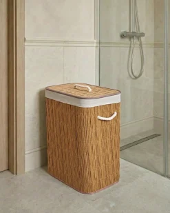 New Beliani Cesto per la biancheria Con coperchio TRANCURA Tessuto Marrone 72 L Bianco Marrone