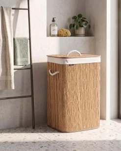 New Beliani Cesto per la biancheria Con coperchio TRANCURA Tessuto Marrone 72 L Bianco Marrone