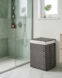 Hot Beliani Cesto per la biancheria Con coperchio MUCUBAJI Tessuto Grigio 83 L Bianco Grigio
