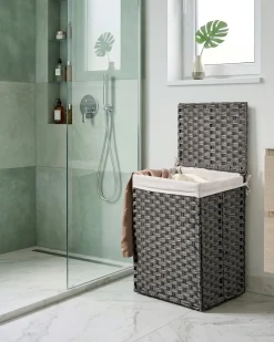 Hot Beliani Cesto per la biancheria Con coperchio MUCUBAJI Tessuto Grigio 83 L Bianco Grigio