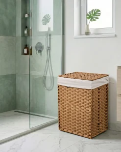 Best Beliani Cesto per la biancheria Con coperchio MUCUBAJI Tessuto Marrone 83 L Bianco Marrone