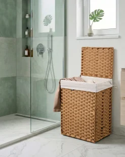 Best Beliani Cesto per la biancheria Con coperchio MUCUBAJI Tessuto Marrone 83 L Bianco Marrone