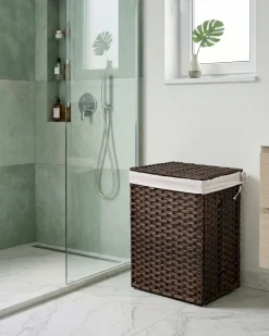 Beliani Cesto per la biancheria Con coperchio MUCUBAJI Tessuto Marrone scuro 83 L Bianco Marrone