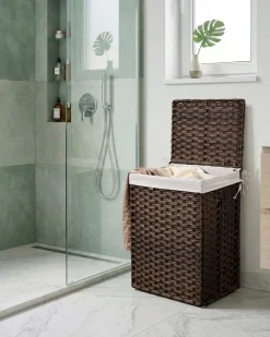 Beliani Cesto per la biancheria Con coperchio MUCUBAJI Tessuto Marrone scuro 83 L Bianco Marrone