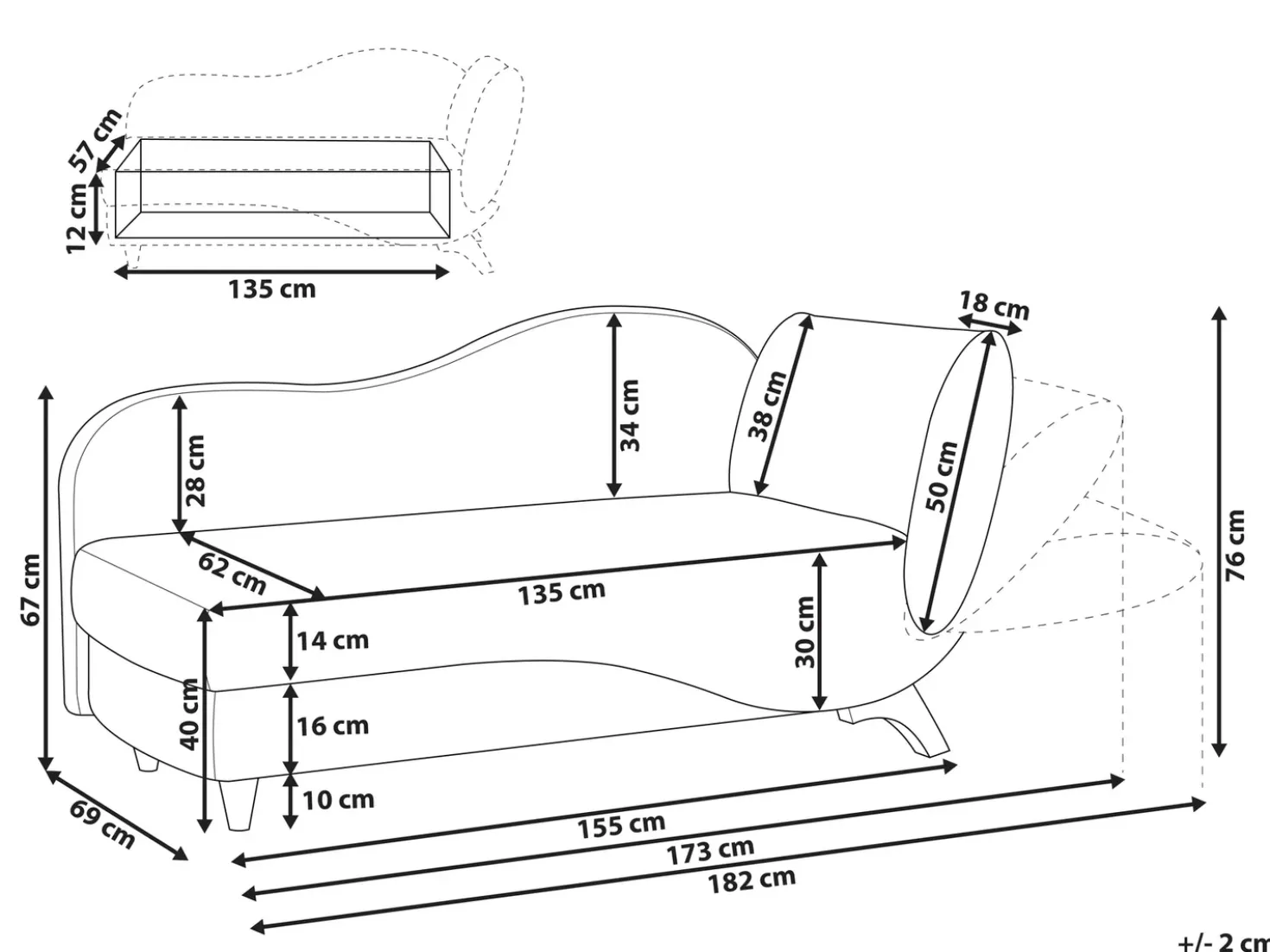 Chaise longue versione destra MERI Lino sintetico Verde con contenitore