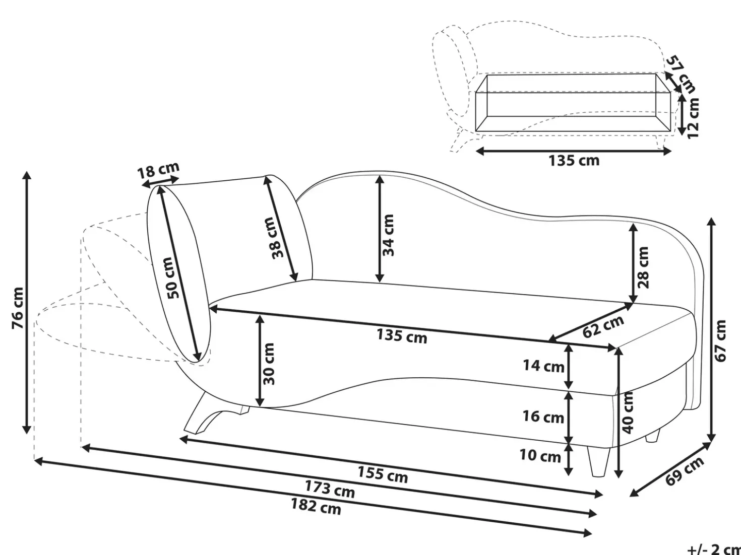 Chaise longue versione sinistra MERI Velluto Nero con contenitore