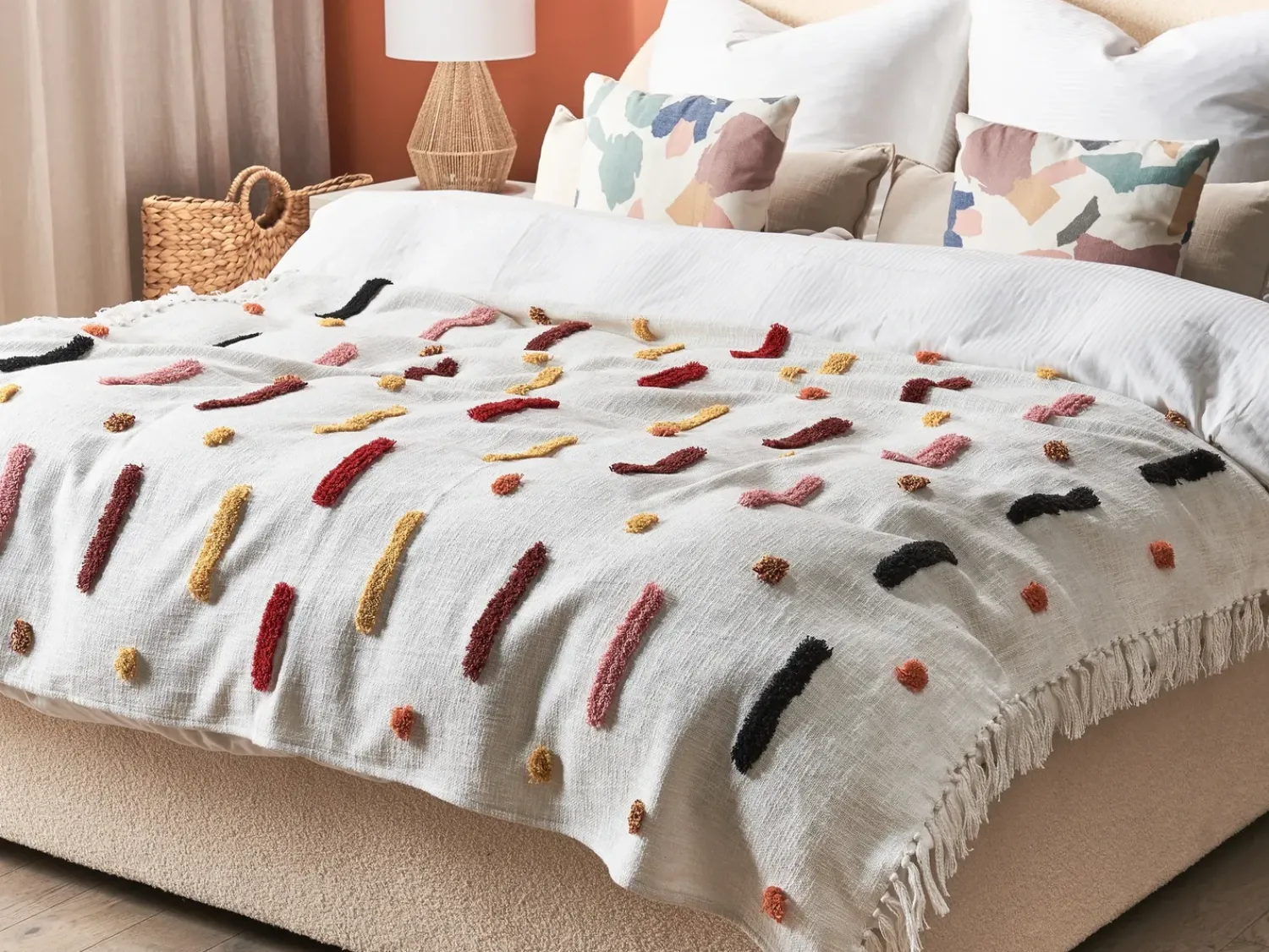Online Beliani Coperta ALAPPUZHA Cotone 130 x 180 cm Bianco Beige Giallo Marrone Nero Rosa Rosso Multicolore