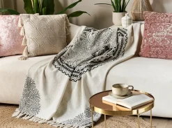 Hot Beliani Coperta BERHAMPORE Cotone 130 x 180 cm Beige Beige Nero