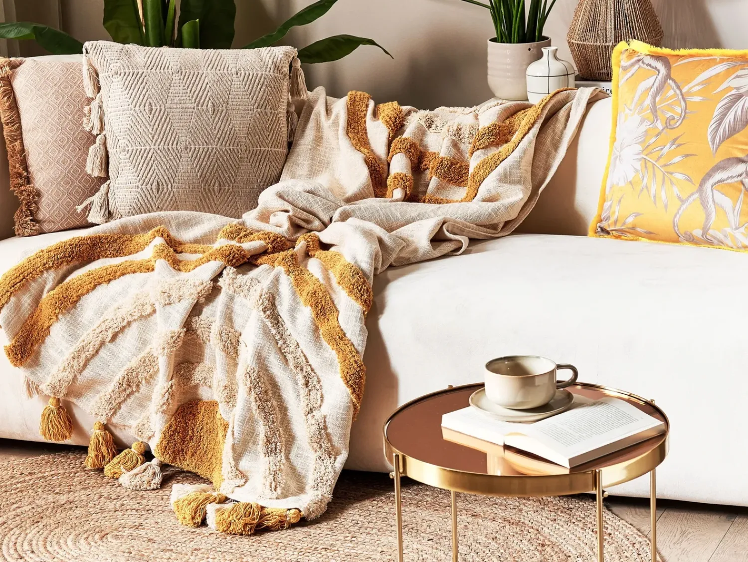 Beliani Coperta MATHURA Cotone 130 x 180 cm Beige Beige Arancione