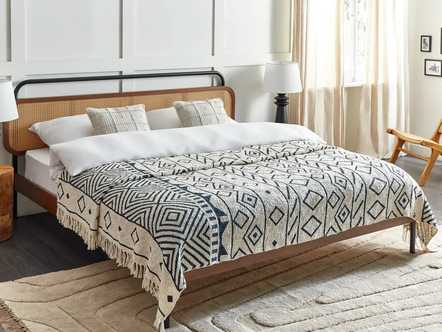 New Beliani Coperta NAJUY Cotone Beige Beige Blu