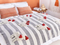 Sale Beliani Coperta NAMTAR Cotone 125 x 150 cm Bianco Arancione Bianco Grigio