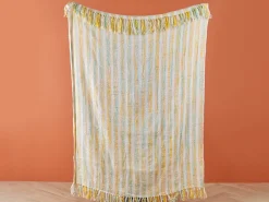 Outlet Beliani Coperta NUWAR Tessuto 130 x 170 cm Giallo Beige Giallo Verde Multicolore