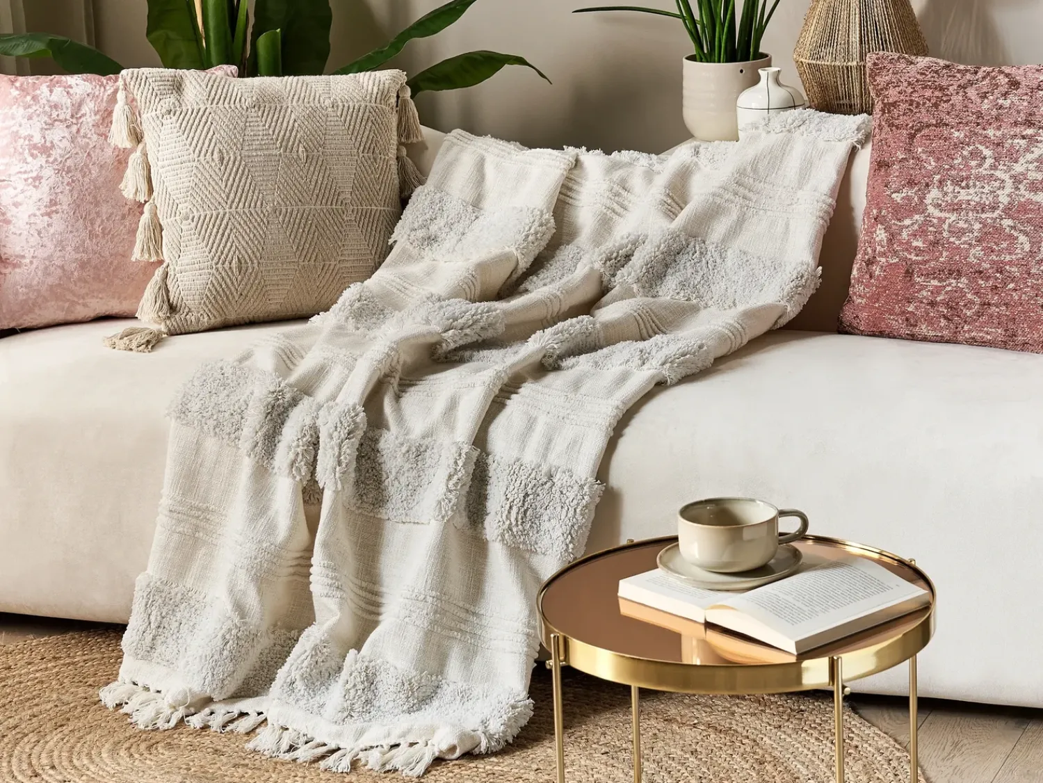 Sale Beliani Coperta RAEBARELI Cotone 130 x 180 cm chiaro Beige