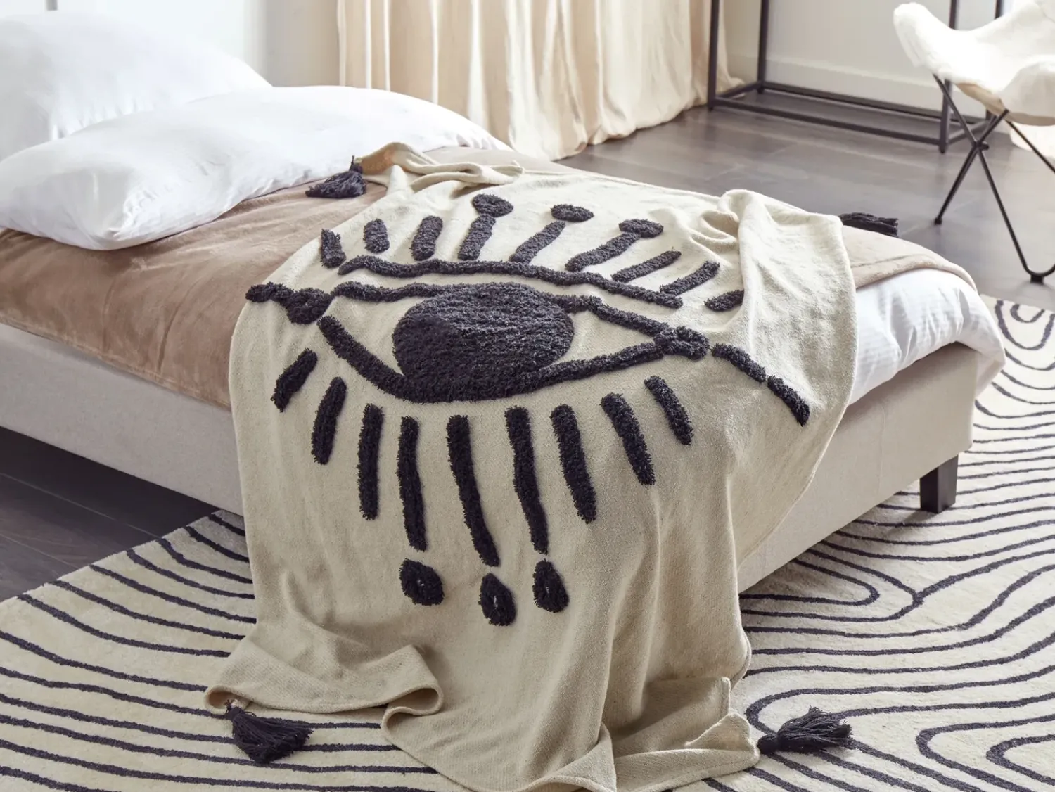 Clearance Beliani Coperta SEDIO Cotone 125 x 150 cm Bianco Bianco Nero