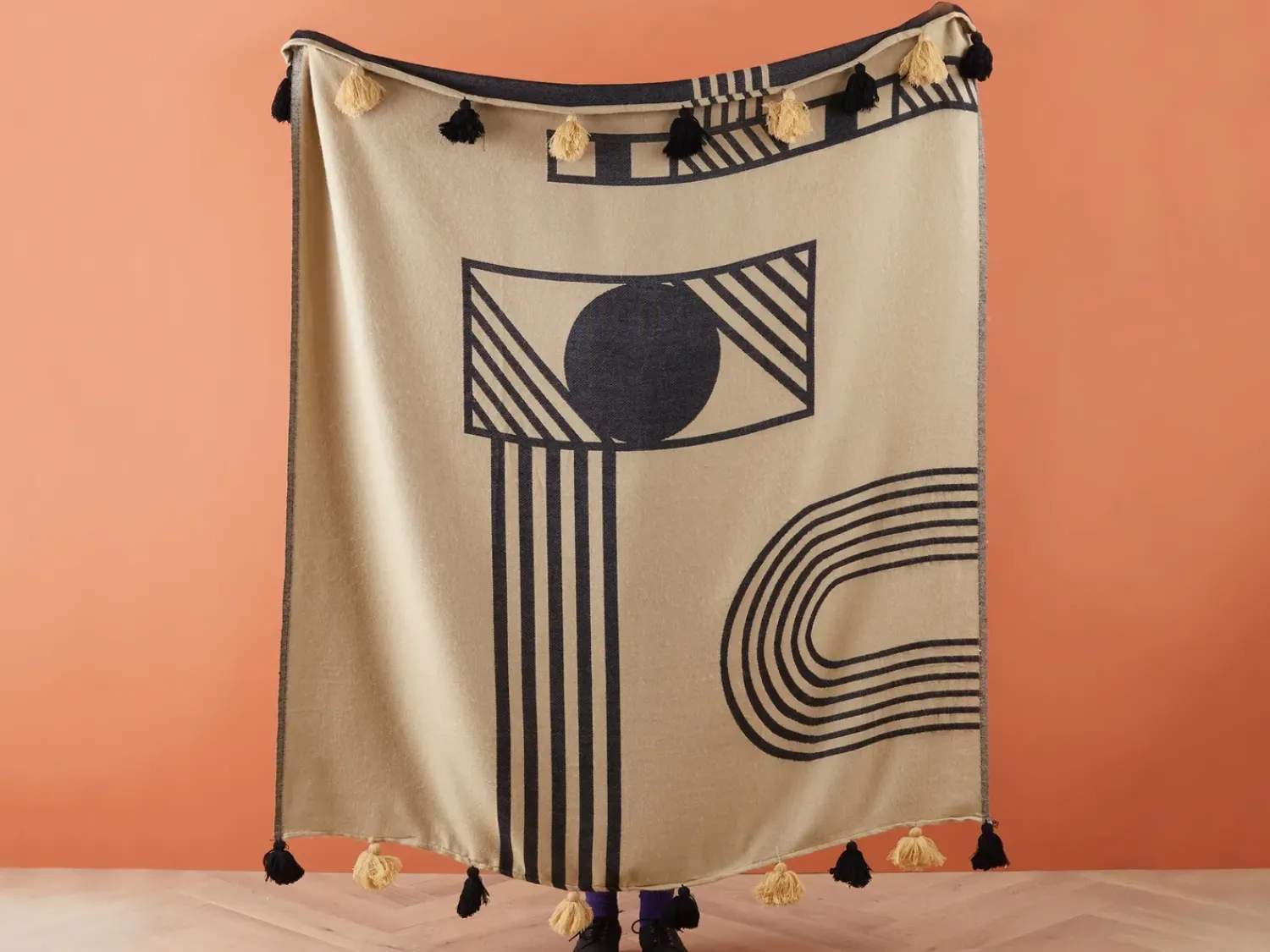 Online Beliani Coperta THAPREK Tessuto 130 x 170 cm Beige Beige Nero