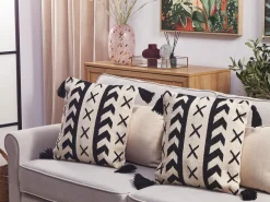 Online Beliani Cuscino decorativo DEADNETTLE Cotone 45 x 45 cm Beige Trama geometrica Beige Nero