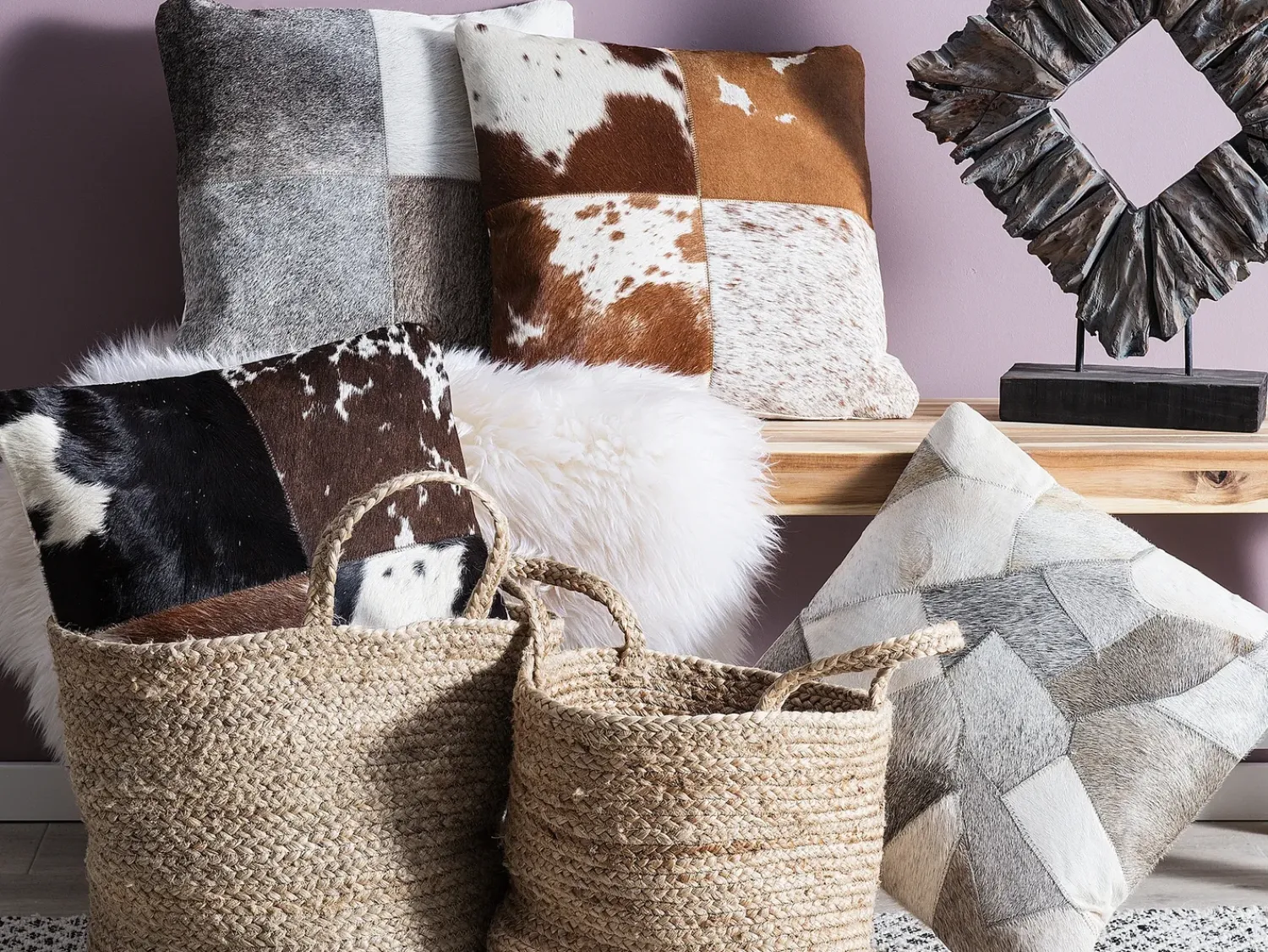Beliani Cuscino decorativo NELLAD Pelle naturale 45 x 45 cm Patchwork Grigio