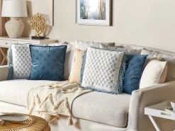 Hot Beliani Cuscino decorativo PALLIDA Cotone 45 x 45 cm Blu Trama floreale Bianco Blu Grigio