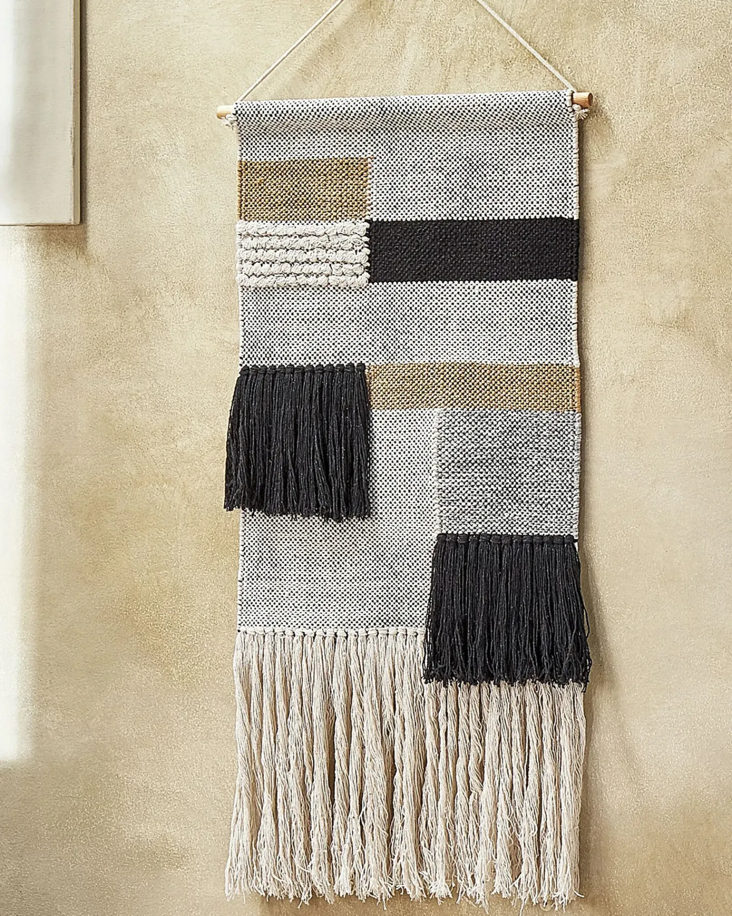 New Beliani Decorazione da parete in tessuto HANGU Cotone 114 cm Beige Beige Nero