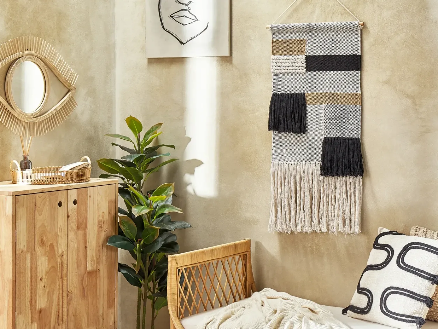 New Beliani Decorazione da parete in tessuto HANGU Cotone 114 cm Beige Beige Nero
