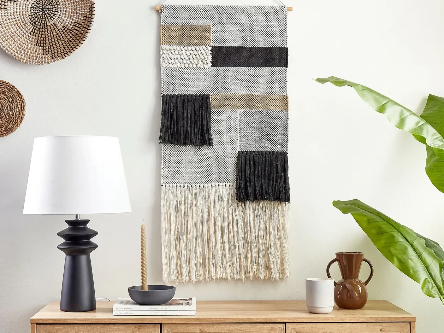 New Beliani Decorazione da parete in tessuto HANGU Cotone 114 cm Beige Beige Nero