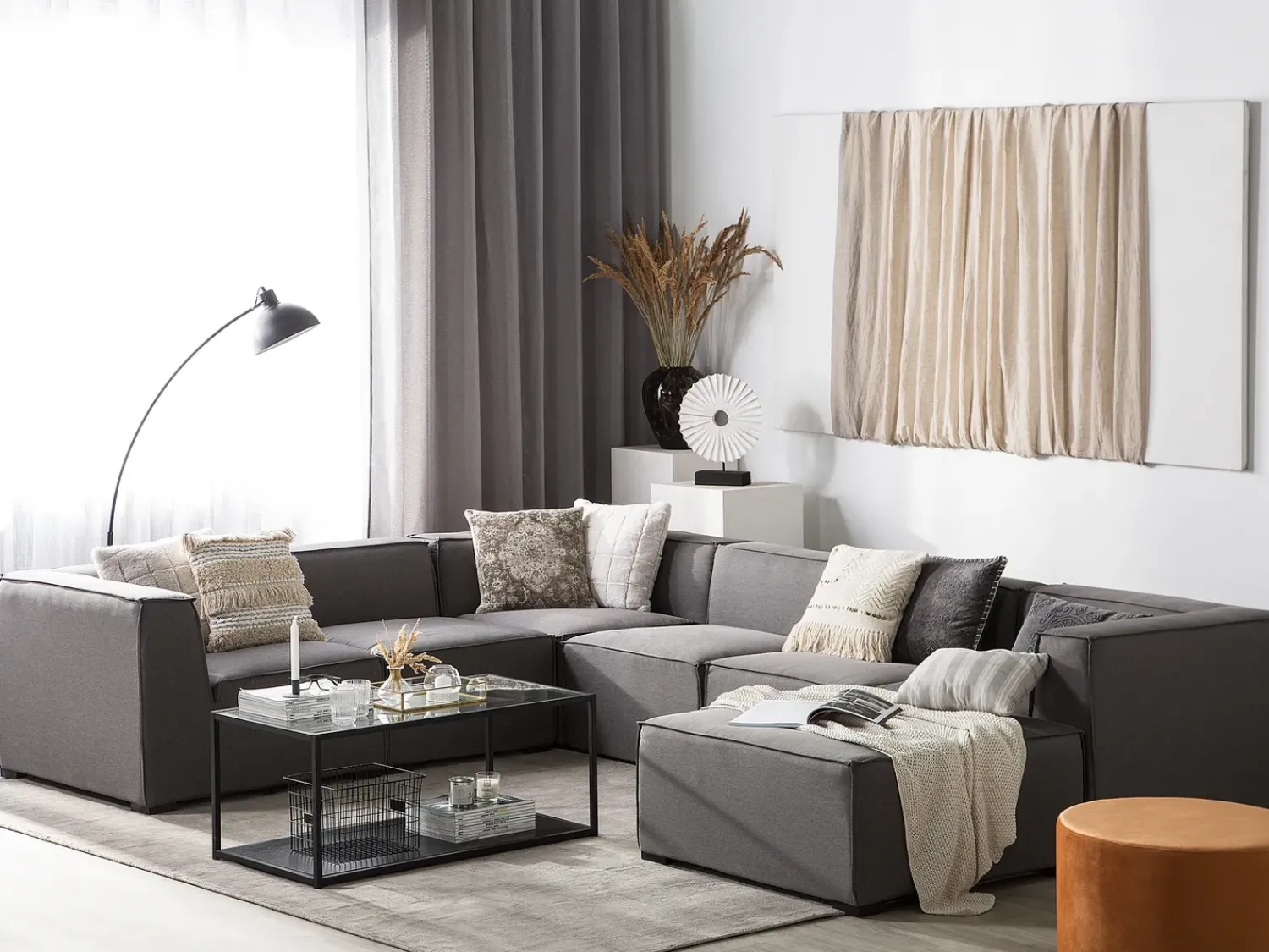 Discount Beliani Divano angolare da giardino con pouf 7 posti AREZZO Modulare Grigio Grigio Nero