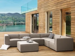 Clearance Beliani Divano angolare da giardino con pouf 7 posti AREZZO Modulare Beige Beige Nero