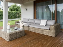 Sale Beliani Divano angolare da giardino con pouf 6 posti PALERMO Modulare Rattan sintetico (PE) Marrone chiaro Marrone Grigio