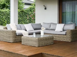 Sale Beliani Divano angolare da giardino con pouf 6 posti PALERMO Modulare Rattan sintetico (PE) Marrone chiaro Marrone Grigio