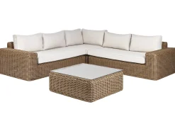 Sale Beliani Divano angolare da giardino con pouf 6 posti PALERMO Modulare Rattan sintetico (PE) Marrone Bianco Marrone