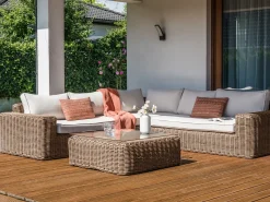 Sale Beliani Divano angolare da giardino con pouf 6 posti PALERMO Modulare Rattan sintetico (PE) Marrone Bianco Marrone
