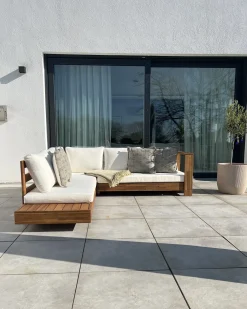 New Beliani Divano angolare da giardino 5 posti MARETTIMO Lato Sinistro Legno di acacia certificato Marrone Bianco Marrone