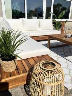 New Beliani Divano angolare da giardino 5 posti MARETTIMO Lato Sinistro Legno di acacia certificato Marrone Bianco Marrone