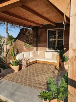 New Beliani Divano angolare da giardino 5 posti MARETTIMO Lato Sinistro Legno di acacia certificato Marrone Bianco Marrone