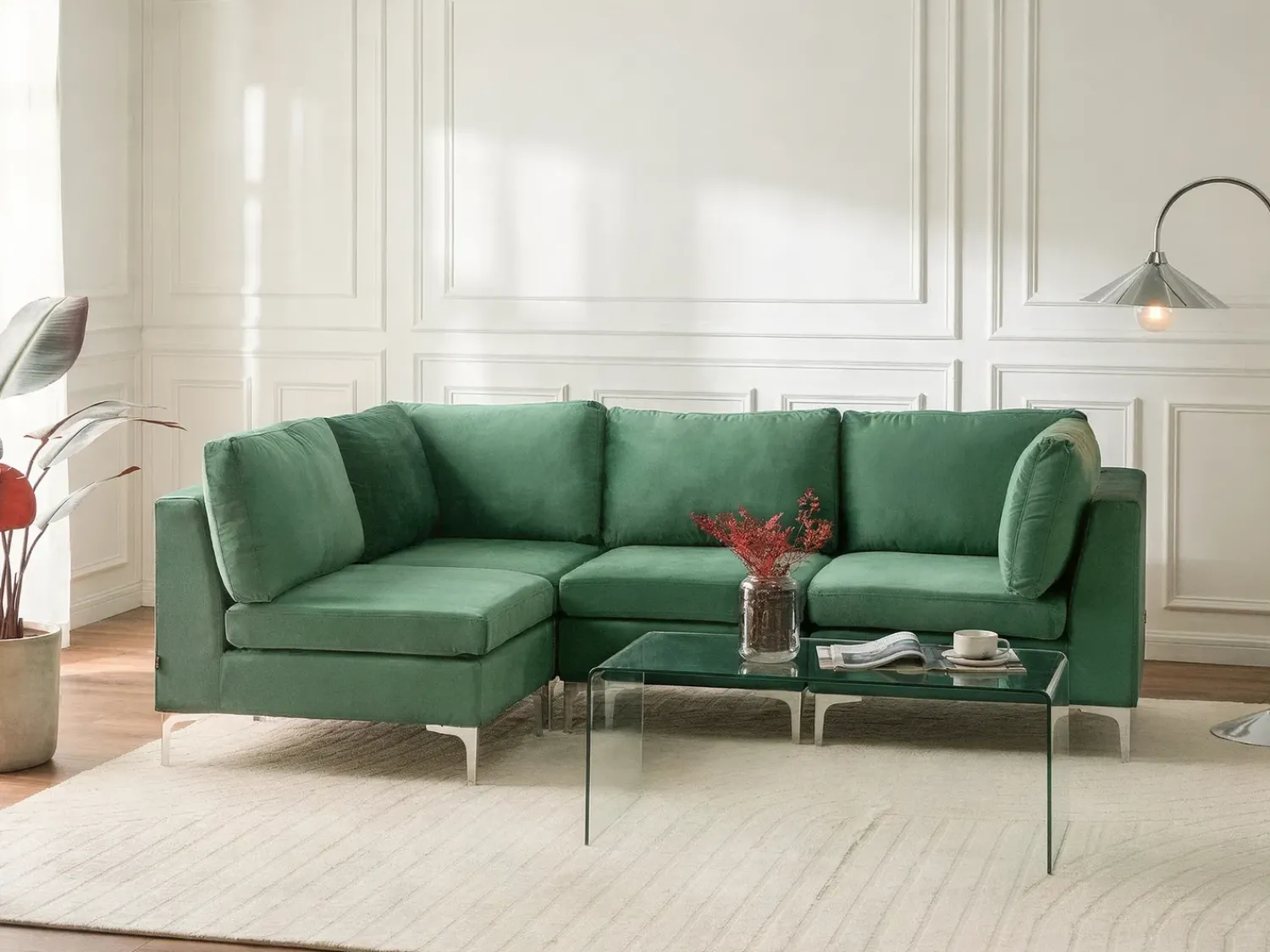 Outlet Beliani Divano angolare modulare 4 posti EVJA Velluto Lato destro Verde