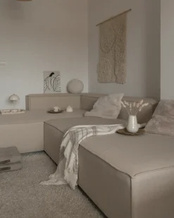 Hot Beliani Divano angolare modulare 3 posti APRICA Lino sintetico Beige con ottomana Lato destro Beige Nero