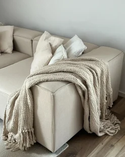 Hot Beliani Divano angolare modulare 3 posti APRICA Lino sintetico Beige con ottomana Lato destro Beige Nero