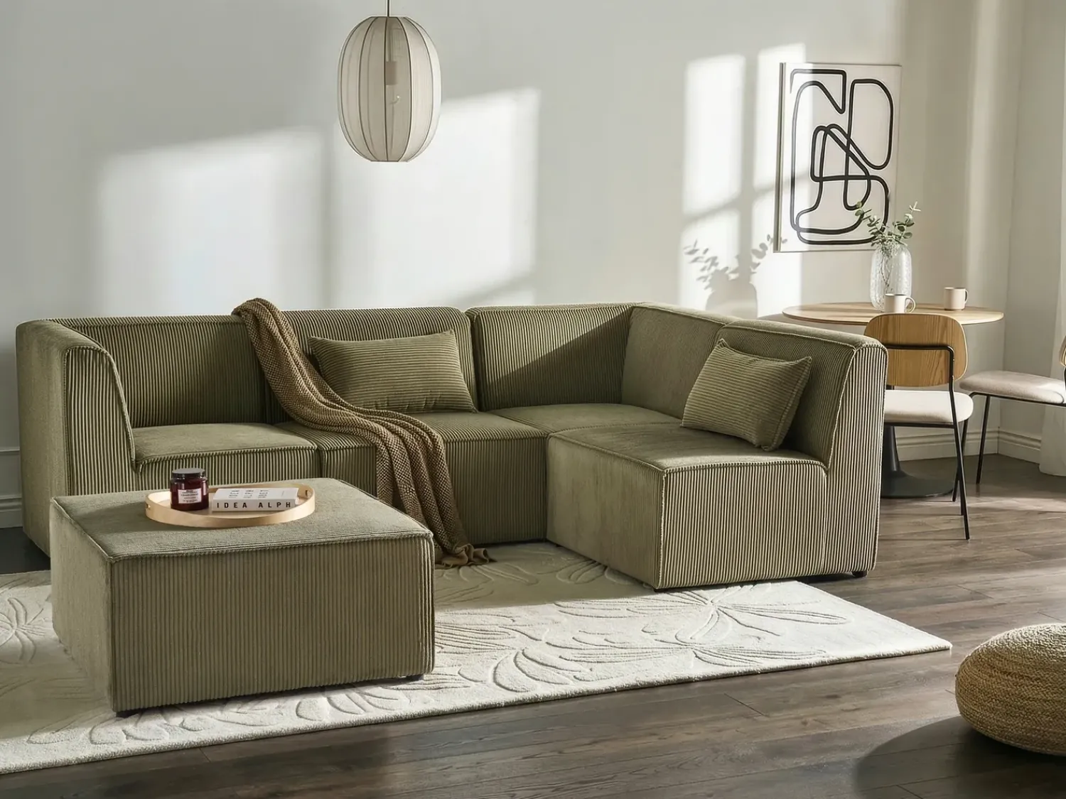Outlet Beliani Divano angolare modulare 4 posti LEMVIG Velluto a coste con ottomana Lato Sinistro Verde