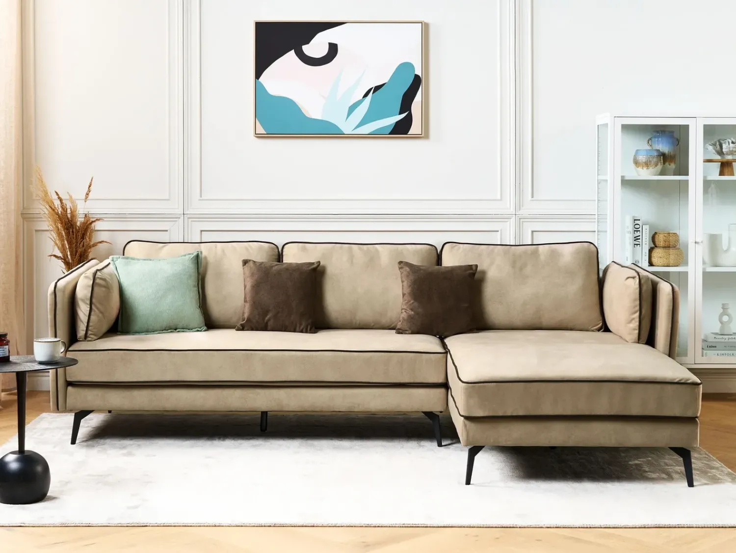 New Beliani Divano angolare 3 posti ALTAN Velluto Beige Lato Sinistro Beige Nero