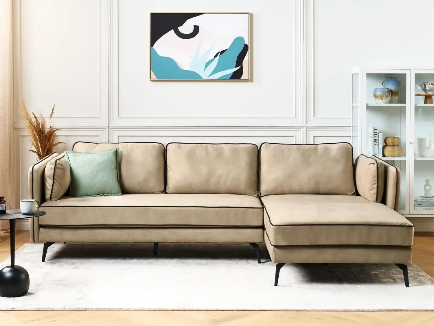 New Beliani Divano angolare 3 posti ALTAN Velluto Beige Lato Sinistro Beige Nero