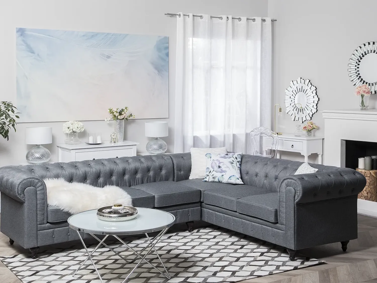 Discount Beliani Divano angolare 6 posti CHESTERFIELD Tessuto Grigio Marrone Grigio