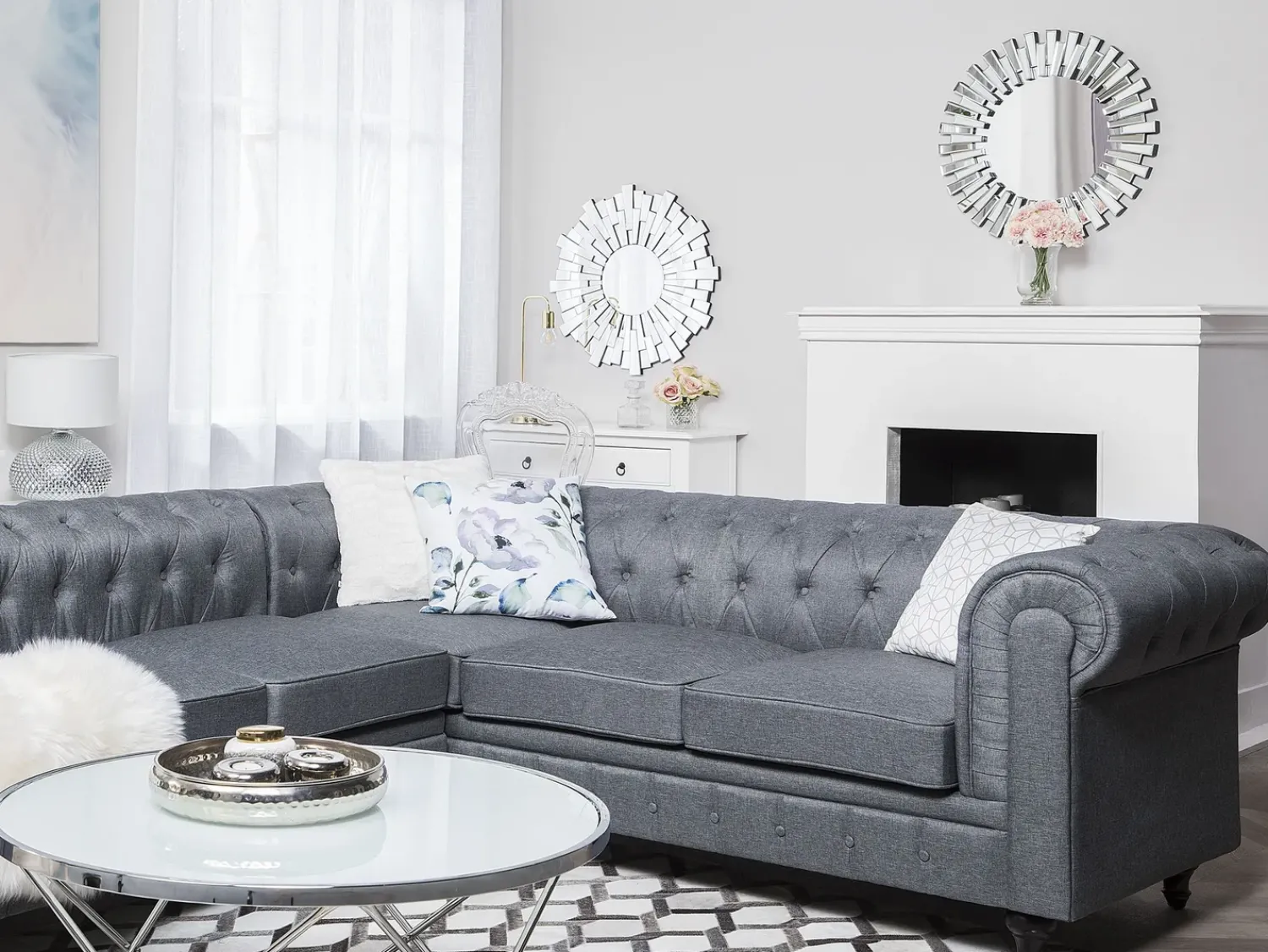 Discount Beliani Divano angolare 6 posti CHESTERFIELD Tessuto Grigio Marrone Grigio