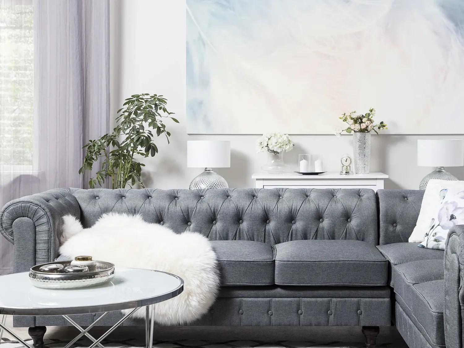 Discount Beliani Divano angolare 6 posti CHESTERFIELD Tessuto Grigio Marrone Grigio