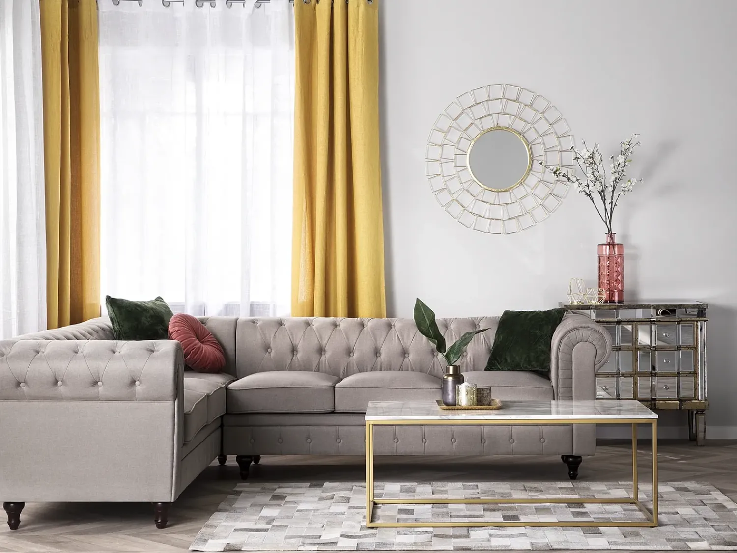 Online Beliani Divano angolare 6 posti CHESTERFIELD Tessuto Beige Lato destro Beige Marrone